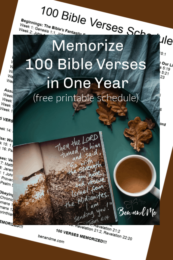 Memorizing 100 Bible verses in one year could not be easier. Download this free printable schedule and get started anytime! Great for the whole family, even young children. #memorizingScripture #BibleVerseMemorization #freeprintables #bibleverses