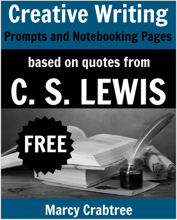 Creative Writing Prompts and Notebooking Pages Based on Quotes from C.S. Lewis text with black and white background image of a book open and a feather pen inside of an inkwell