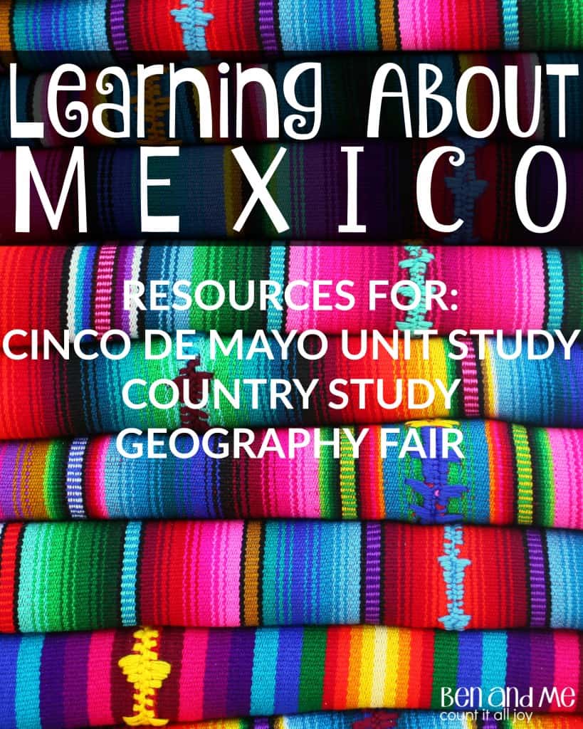 folded colorful striped blankets background with text Learning About Mexico 