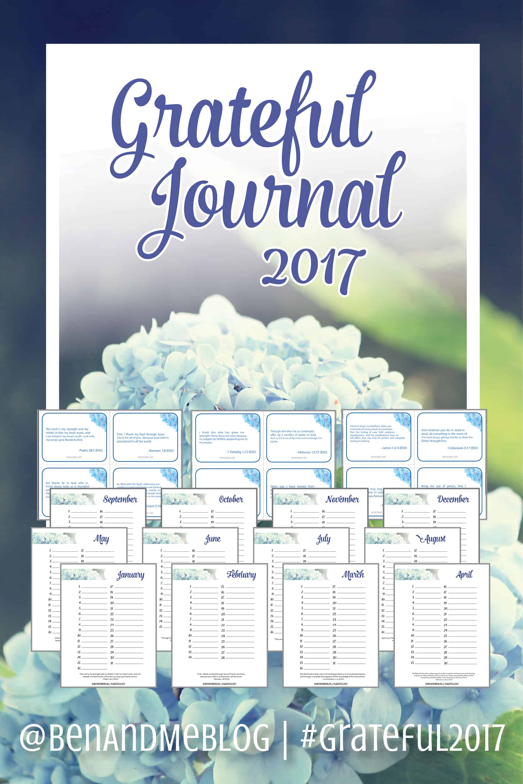 FREE! Grateful Journal 2017 -- Included with the journal are Scripture cards with 12 brand new verses about gratitude. The concept is simple. Just write down one thing for which you are grateful each day. At the end of the year, you will have recorded 365 beautiful blessings, and memorized 12 grateful verses.